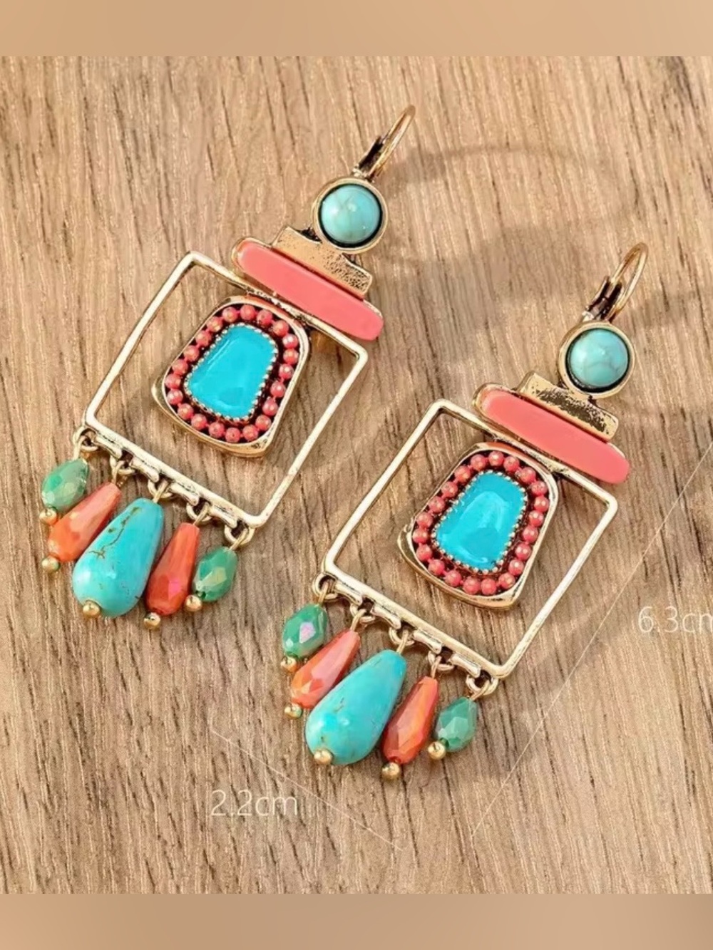 Boho Turquoise & Coral red Drop tassel Earrings square circle triangle